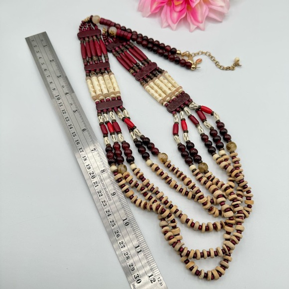 Chico’s Cherry-Colored Bib Necklace Beaded Tribal Boho Tropic Vaca Statement - Picture 14 of 14